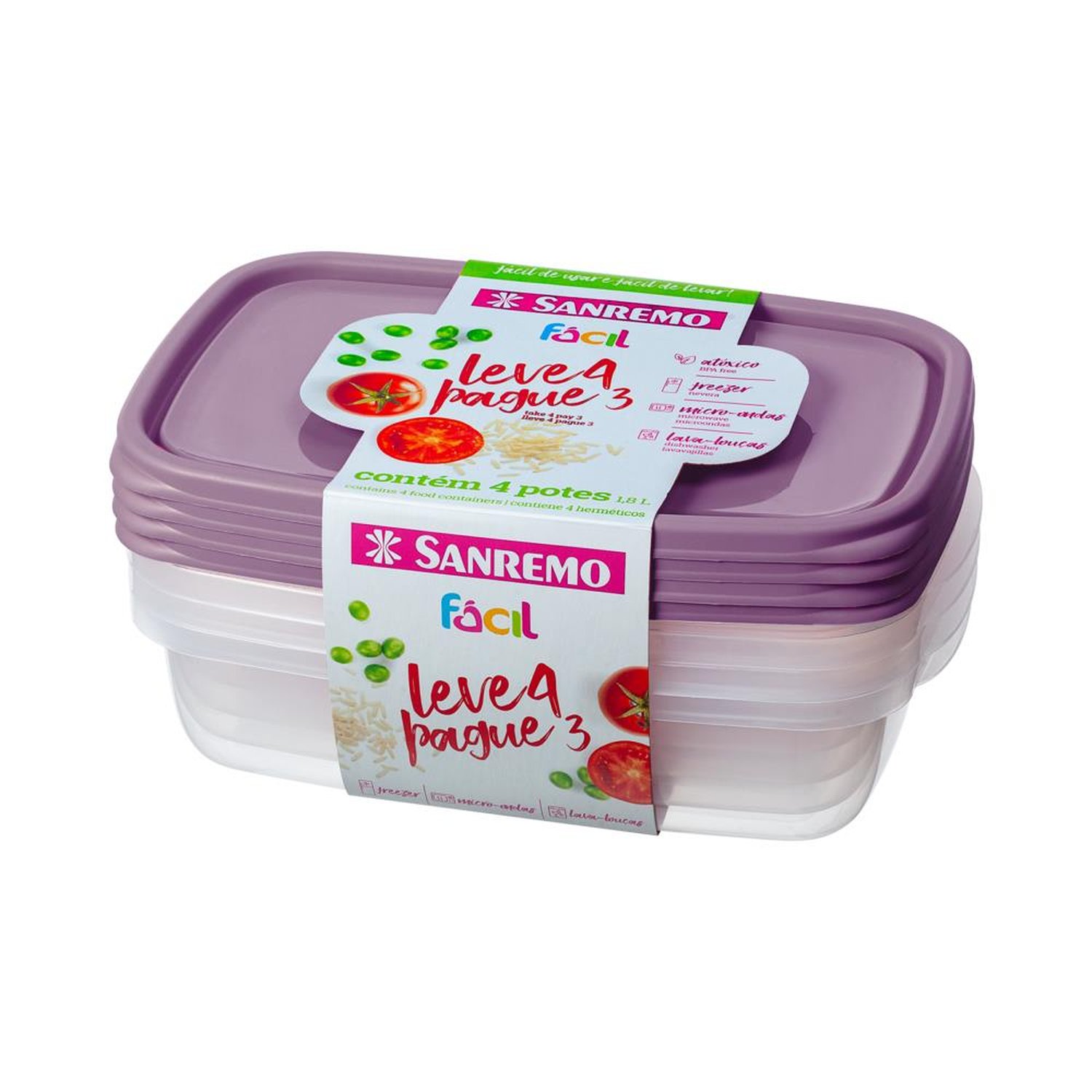 Pote Plastico 1,8L Transparente Leve 4 Pague 3 Sanremo Acai e Verde