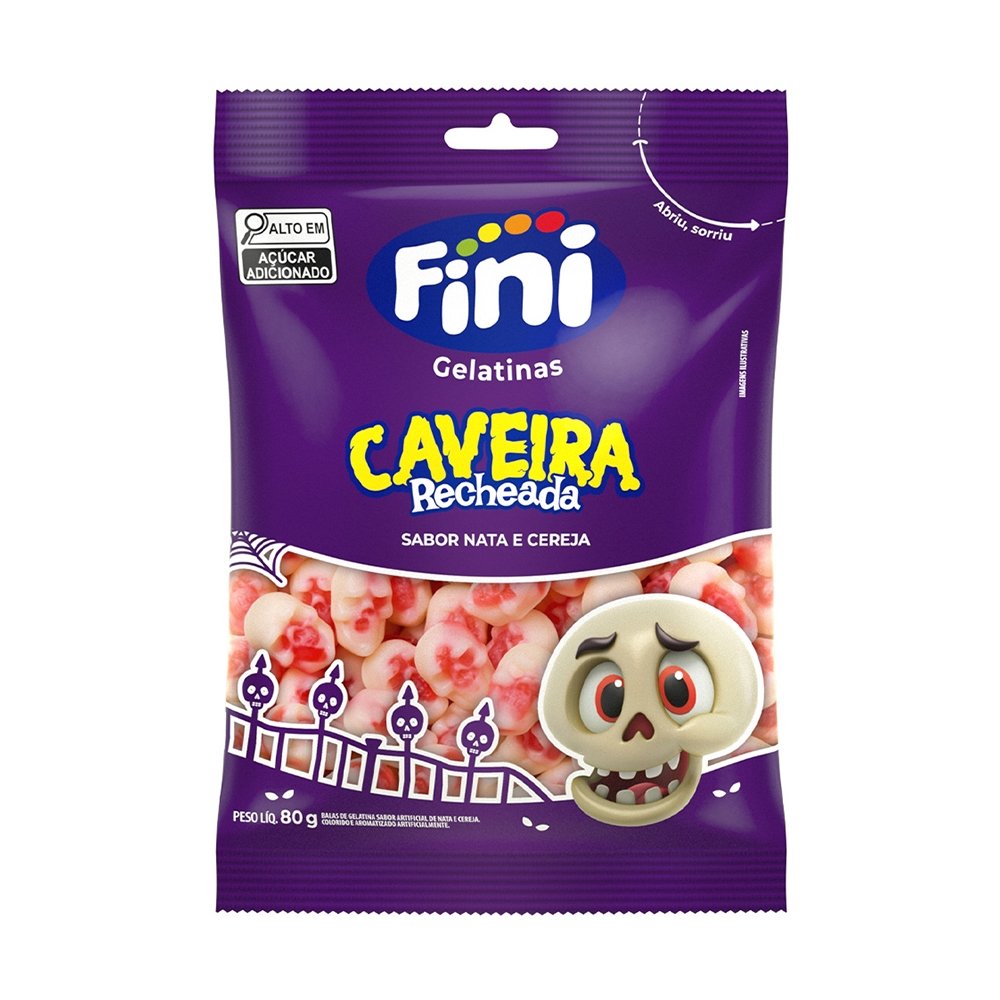 Bala Fini Gelatina Caveira Recheada Cereja com Nata 80g - Embalagem com 12 Unidades