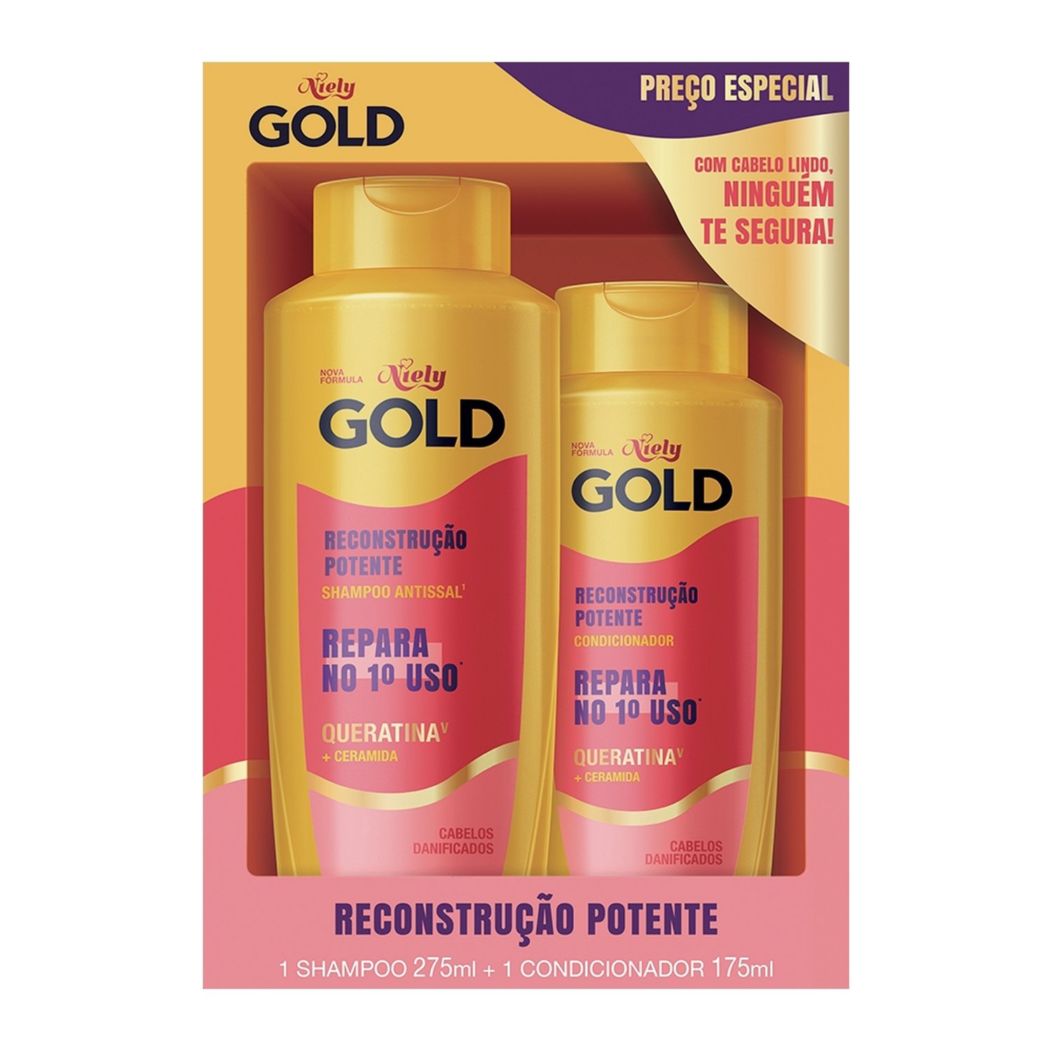 Shampoo 275ml + Condicionador Niely Gold Reconstrução Potente com Queratina 175ml