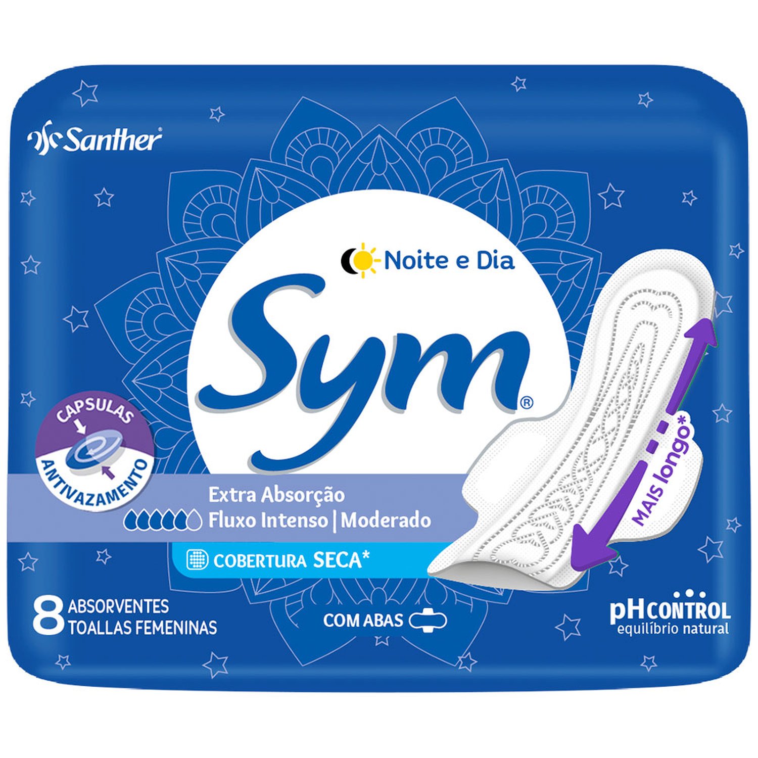 Absorvente Sym Noite & Dia Cobertura Seca Noturno Com Abas Com 8 Unidades