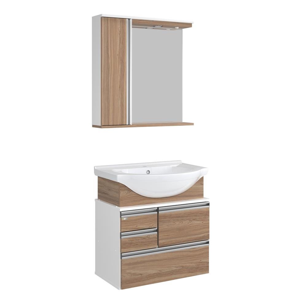 Conjunto De Banheiro Firenze, Aj Rorato, Suspenso, Cor Nogal, 63,5Cm (1 Espelheira, 1 Pia Mármore Sintético, 1 Armário)