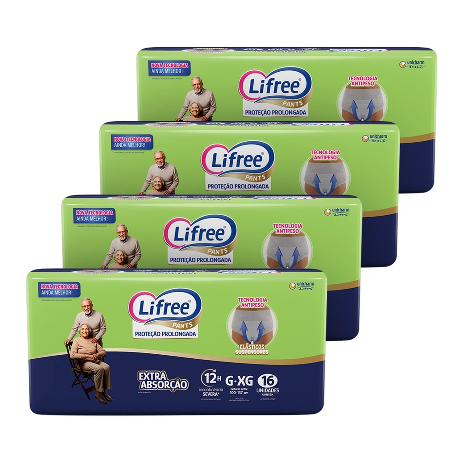 Fralda Descartável Lifree para Adulto Calça Extra Absorção - Jumbo Tamanho G/XG - 4 Pacotes com 16 Fraldas - Total 64 Tiras