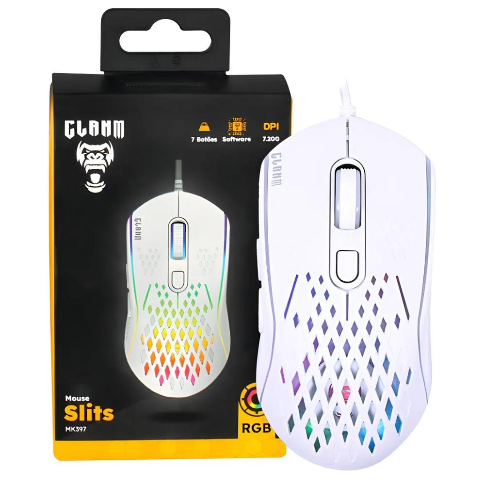Mouse Gamer Usb 7 Botões 7200Dpi Rgb Clanm Slits Mk397 Branco