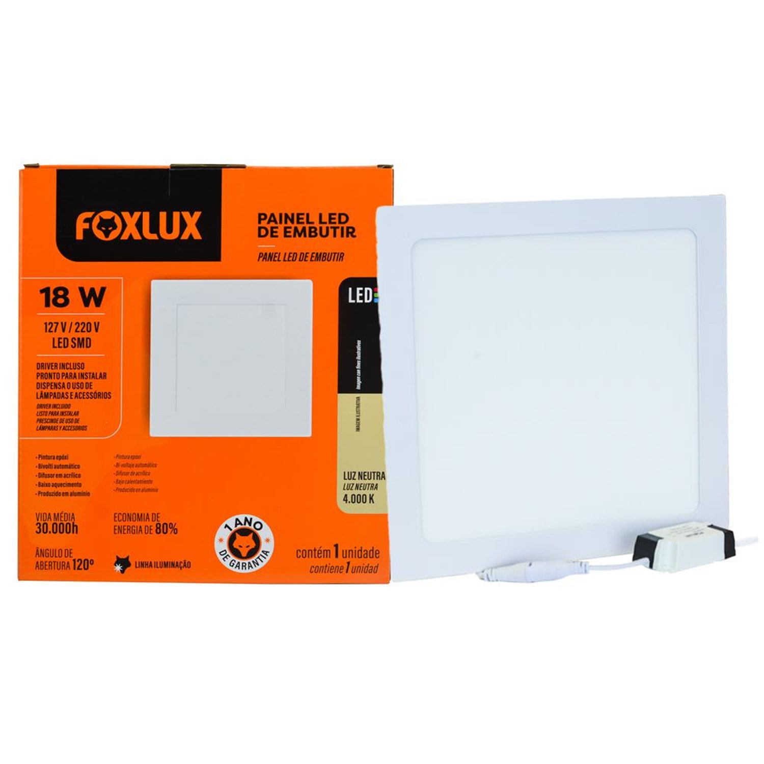 Painel Led 21,8Cm X 21,8Cm Quadrado Branco Embutir 18W 4000K Foxlux