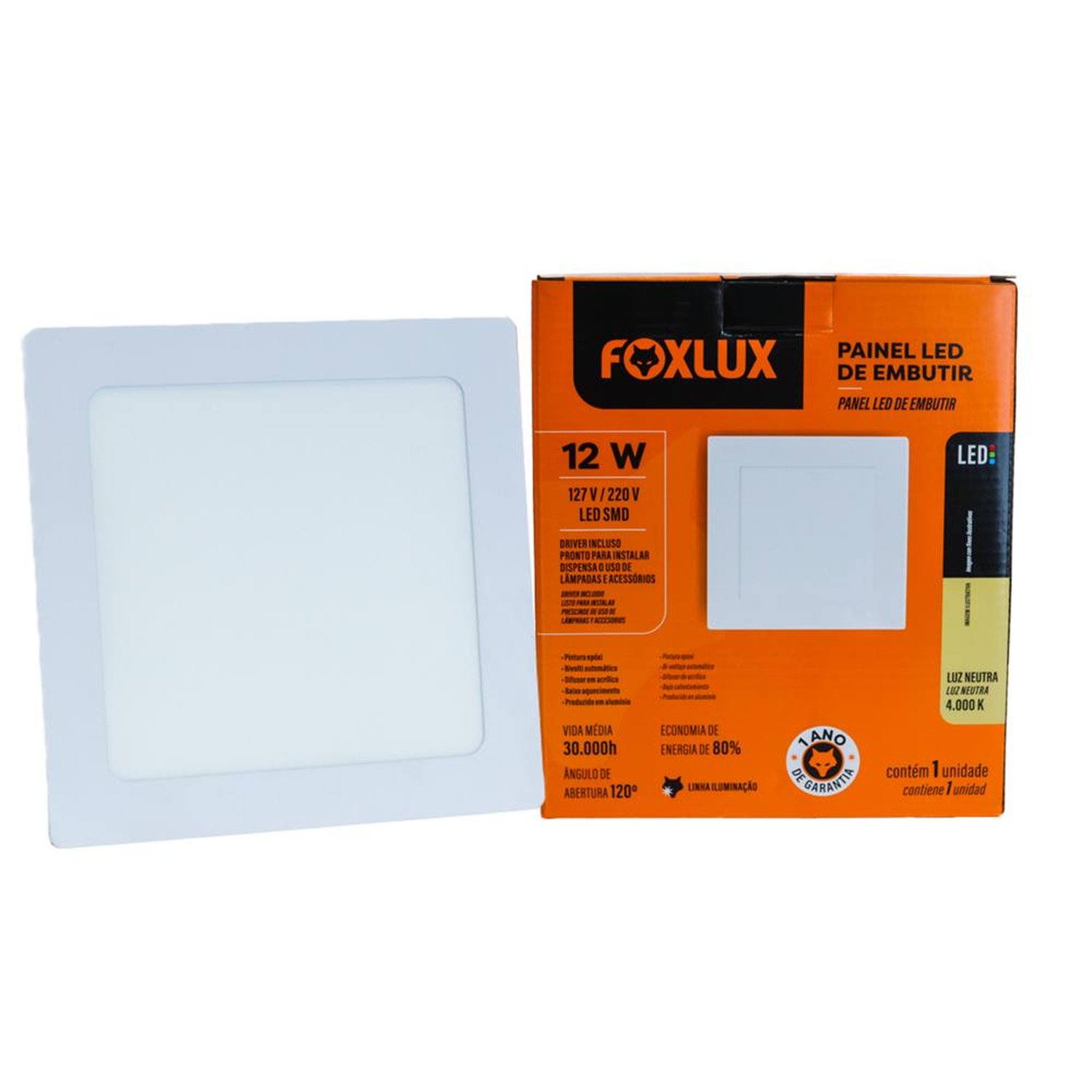 Painel Led 15,4Cm X 15,4Cm Quadrado Branco Embutir 18W 3000K Foxlux
