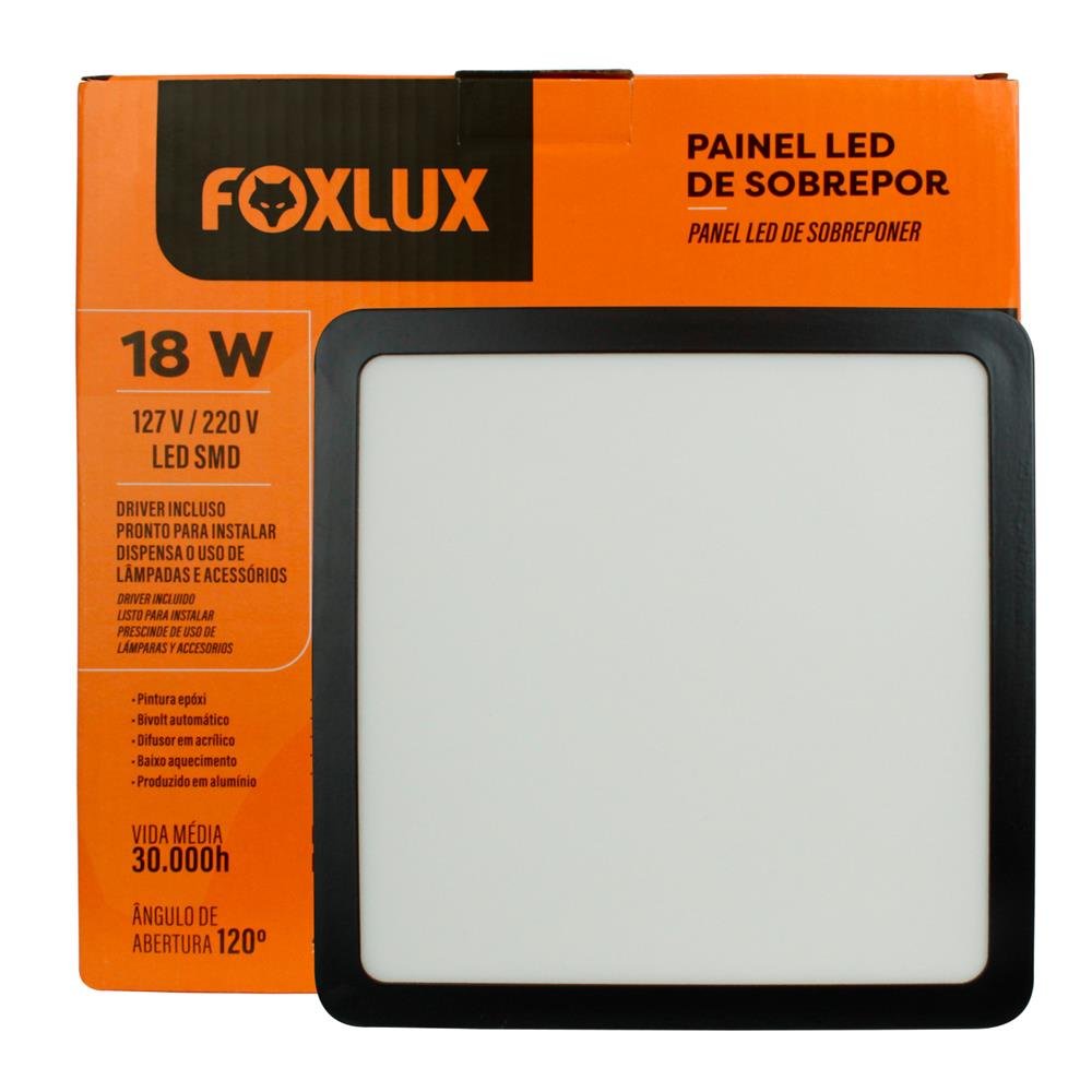 Painel Led 20,4X20,4 Quadrado Preto Sobrepor 18W 6500K Foxlux