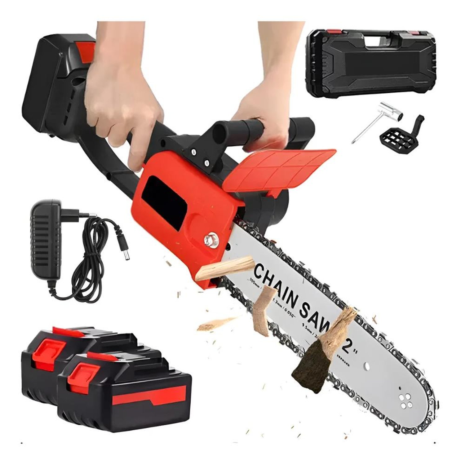 Motosserra Elétrica Chain Saw 1200W 12 Polegadas Com Duas Baterias 48V - Vermelho