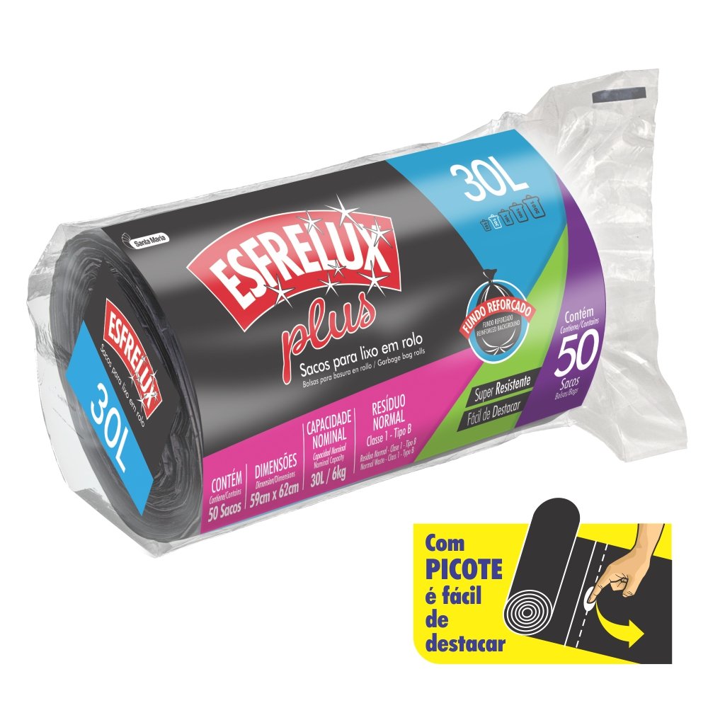 Saco Para Lixo Esfrelux Plus Com 30 Litros Em Rolo Com 50 Unidades