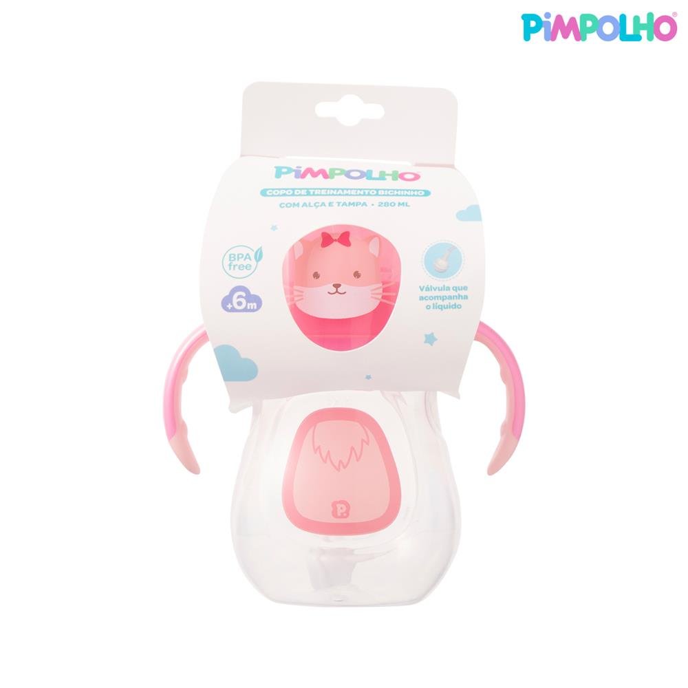 Kit Copo De Treinamento Bichinho Com Alça E Tampa 280Ml Gato Feminino Pimpolho Com 2 Unidades.