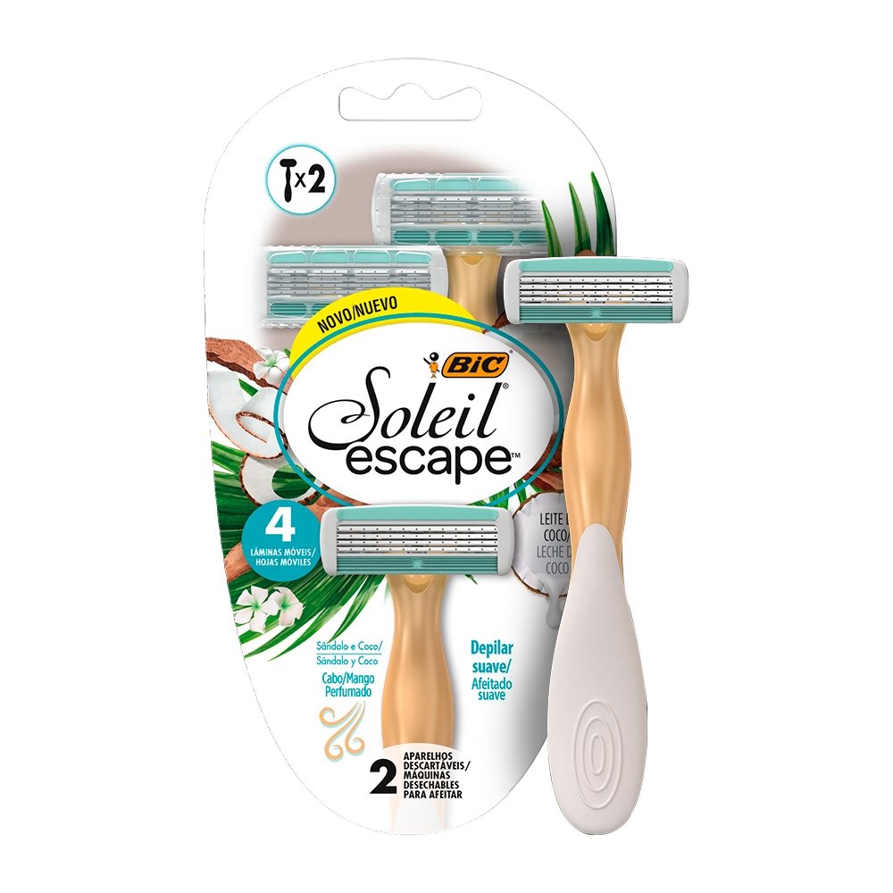 Aparelho de Depilação Bic Soleil Escape - Leite de Coco Feminino 4 Lâminas - Embalagem com 2 Unidades