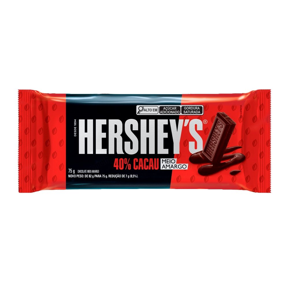 Chocolate Hershey's Meio Amargo 40% Cacau 75g - Embalagem com 18 Unidades