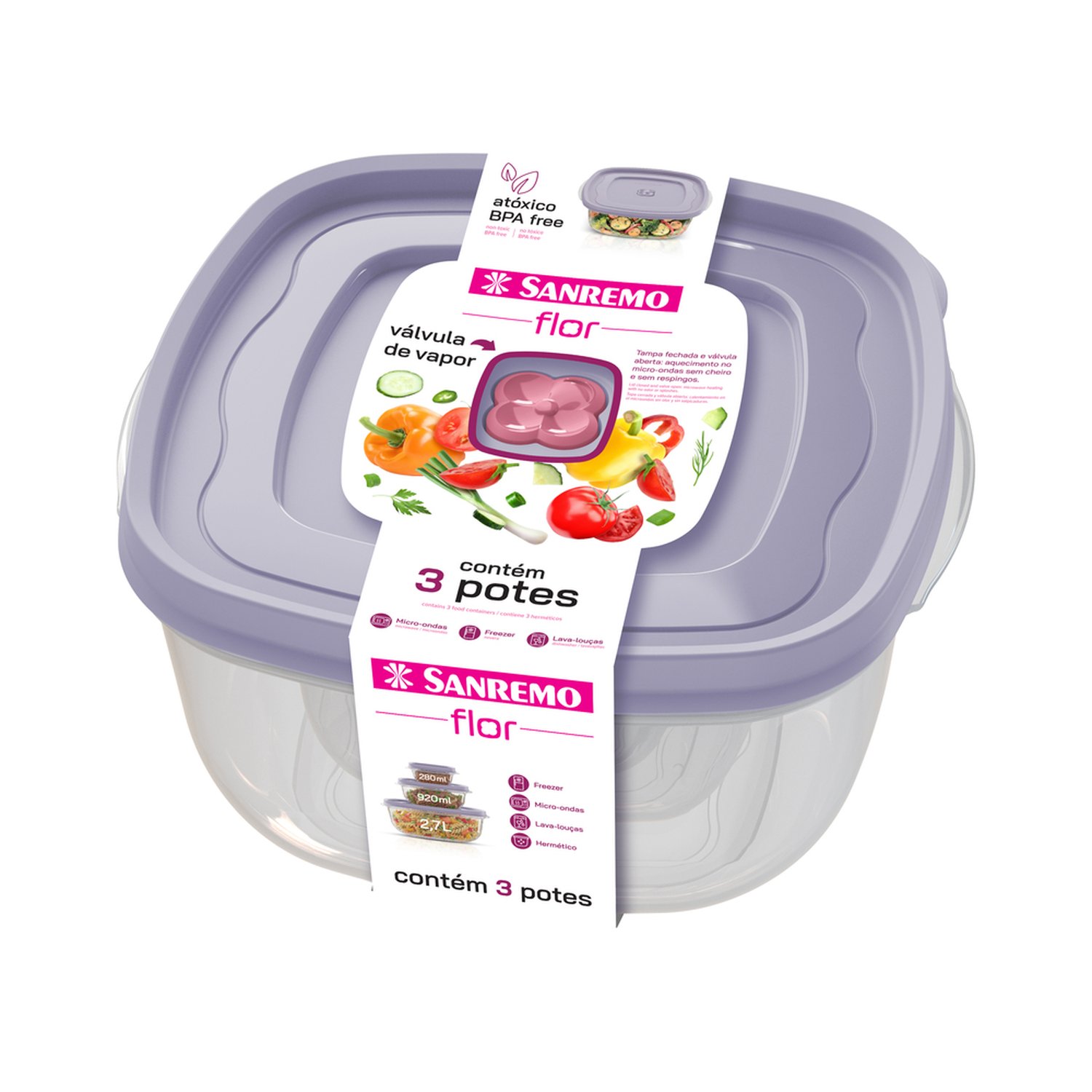 Conjunto 3 Potes Quadrado Plastico Sanremo