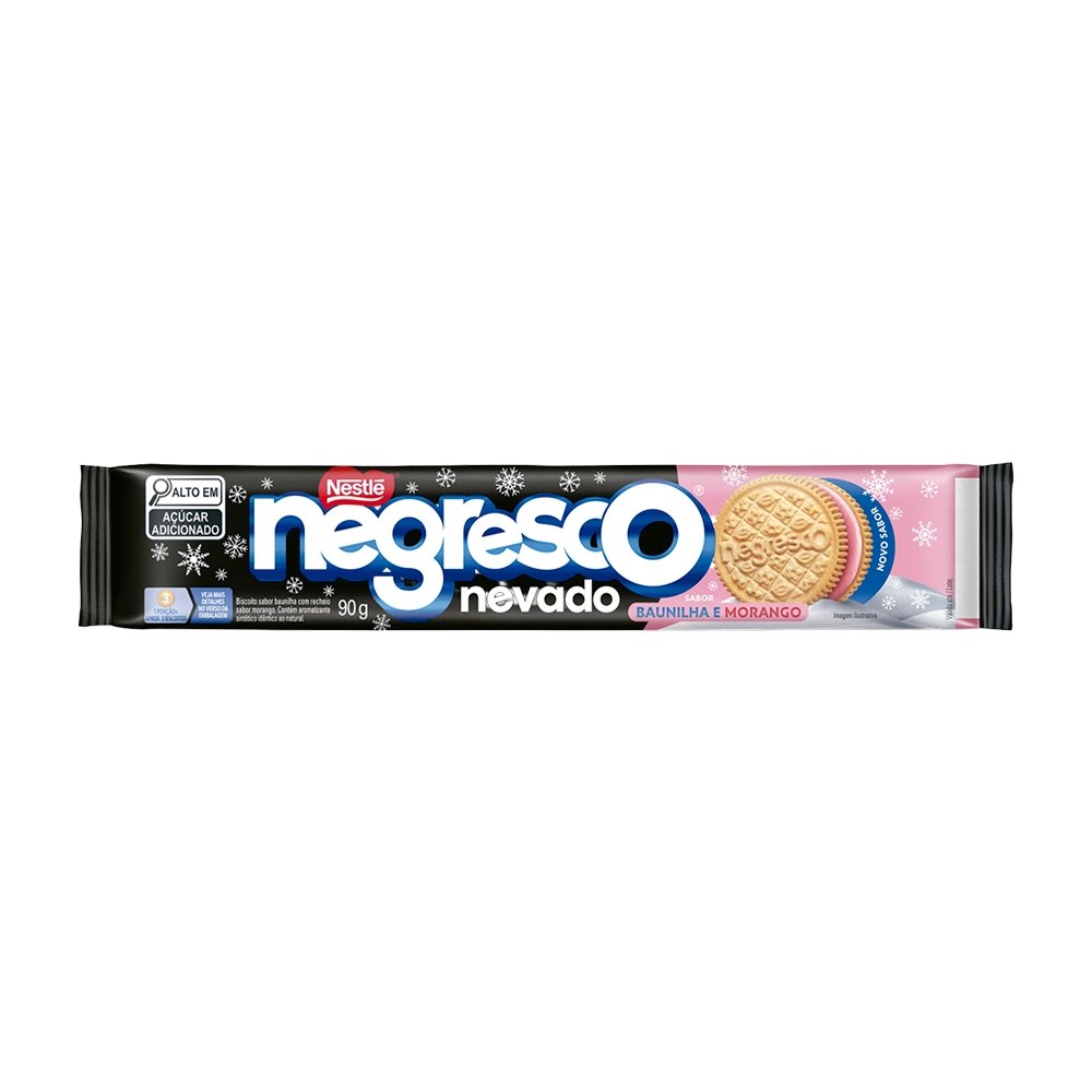Biscoito Nestlé Negresco Nevado Recheado Morango 90g - Embalagem com 66 Unidades