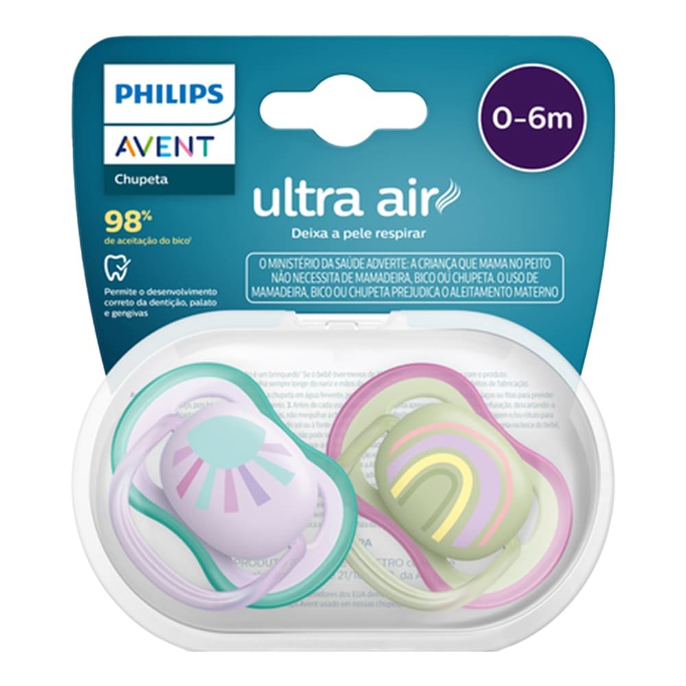 Chupeta Avent Ultra Air 0 A 6 Meses Lilas/Verde Sol/Arco-Iris Com 2