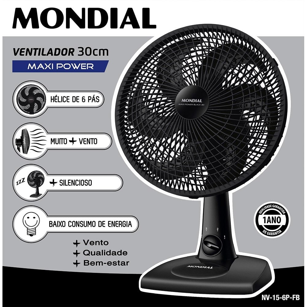 Ventilador de Mesa Mondial NV-15B, 30cm, 3 Velocidades, Preto, 220V