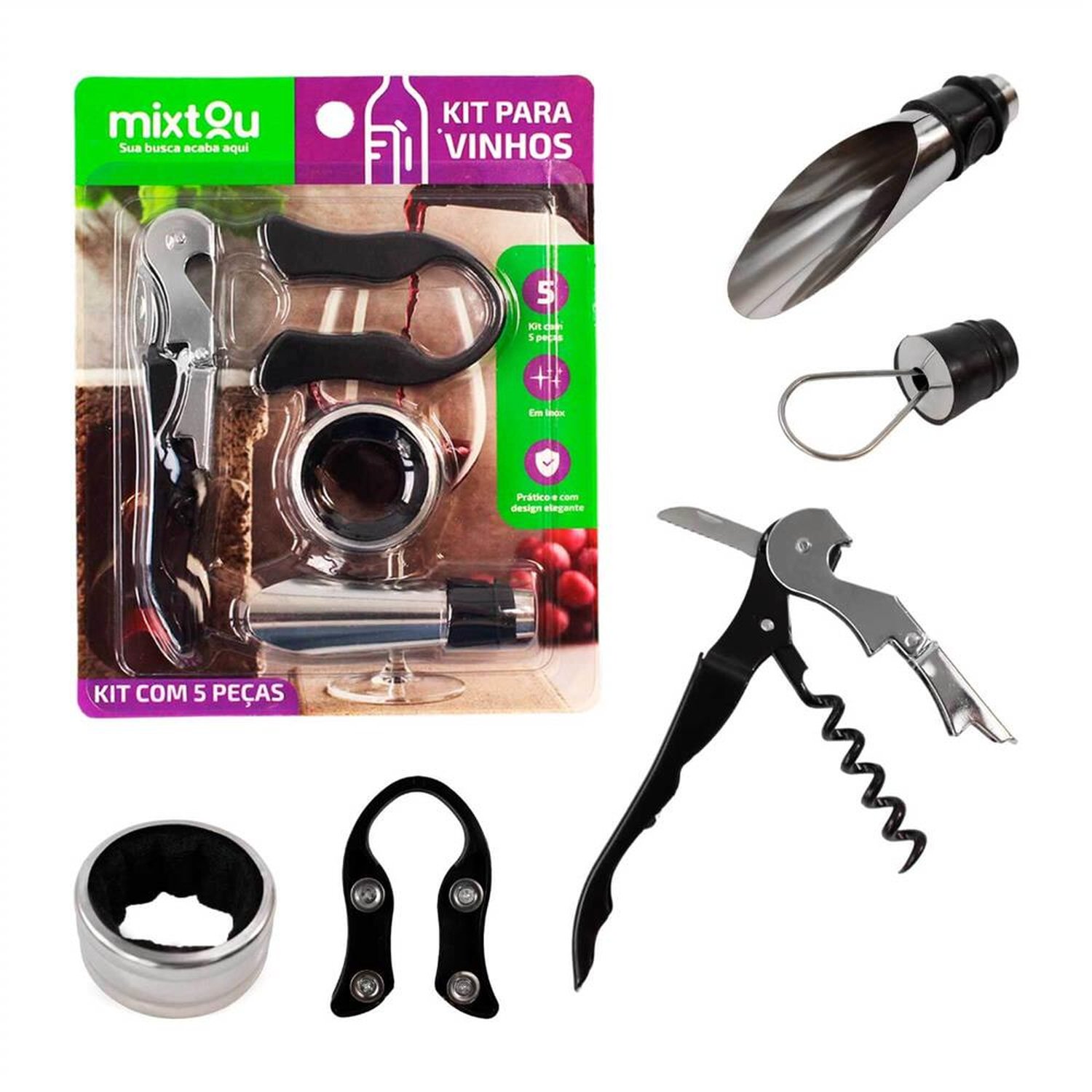Kit Para Vinho Com 5 Pecas Inoxidavel
