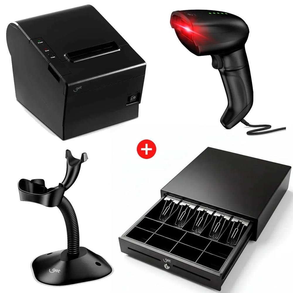 Kit Automação Impressora Térmica Não Fiscal Get + Gaveta De Dinheiro Metal Get Cd58m + Leitor De Código De Barras 2D Usb Get Lt200 + Base Para Leitor