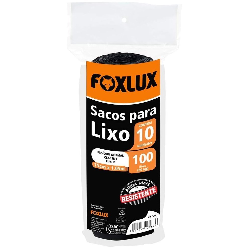 Saco Lixo 100l 75x105cm 10 peças Foxlux
