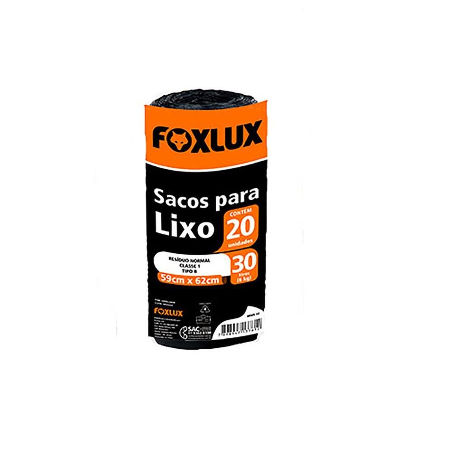 Saco De Lixo Preto Foxlux Ud05.10-N 30 Litros 59X62 Cm 20 Unidades Em Rolo Resistente