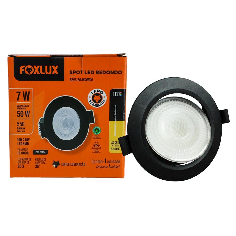 Spot Led Redondo Preto 3000K 7W Bivolt Led90.709 Foxlux