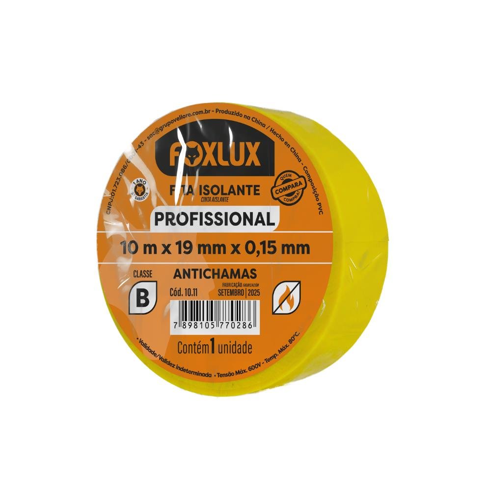 Fita Isolante Amarela Foxlux 24.16 10 Metros Com 1 Unidade