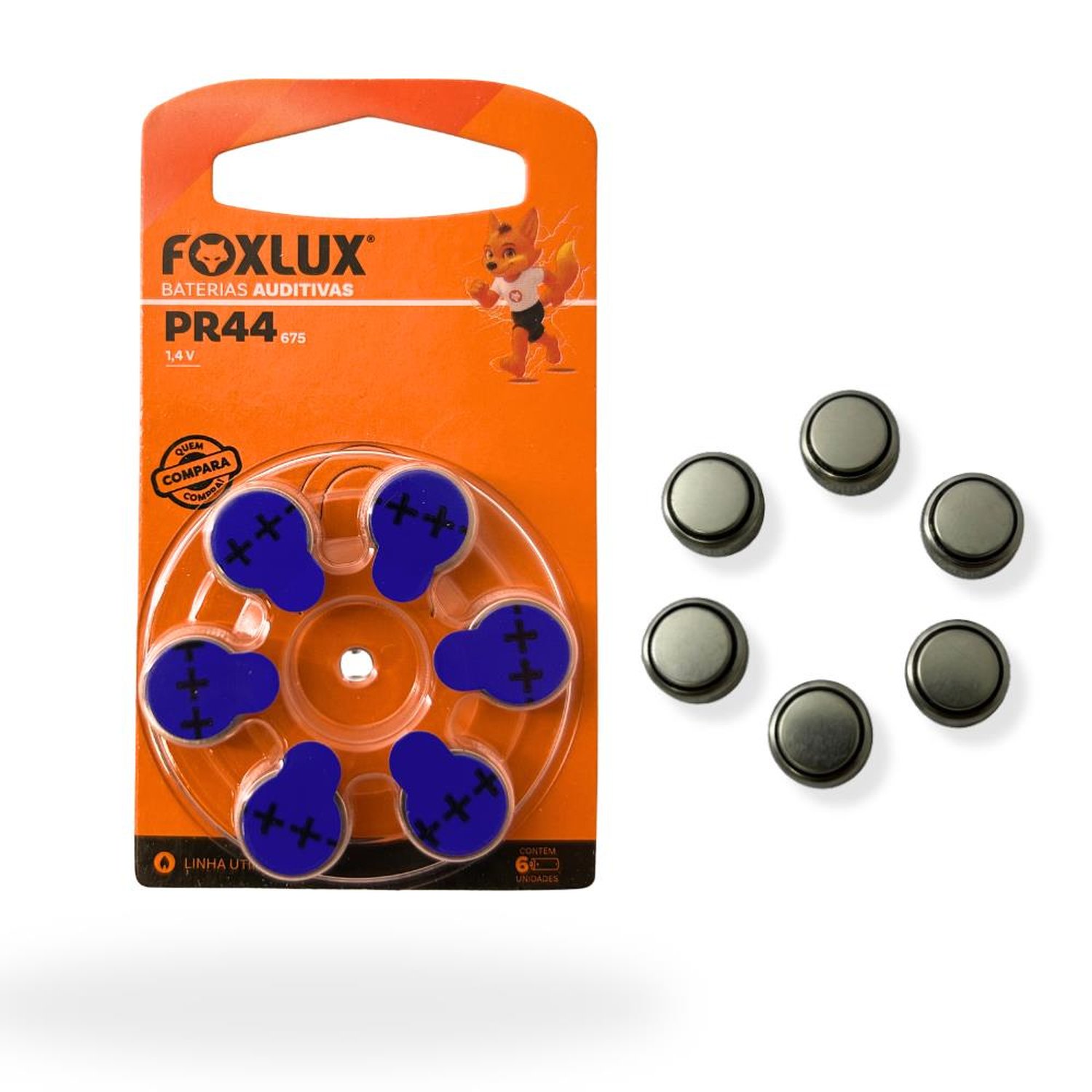 Bateria Auditiva Foxlux Pr44 Za675 Zinco-Ar Cartela Com 6 Unidades Alta Duração