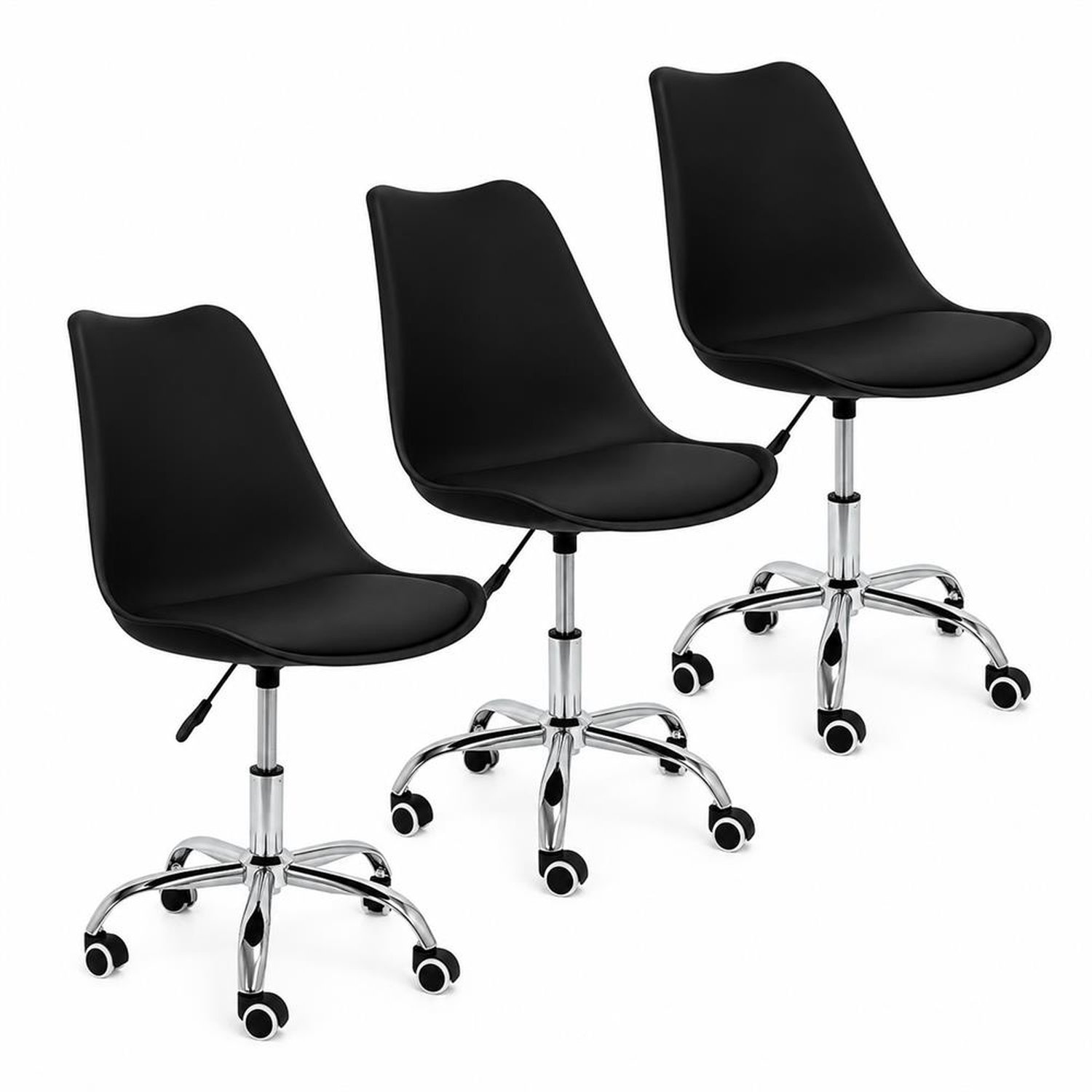 Kit 3 Cadeiras Home Office Leda Giratória, Base Cromada Com Rodízios, Regulagem De Altura,Preto