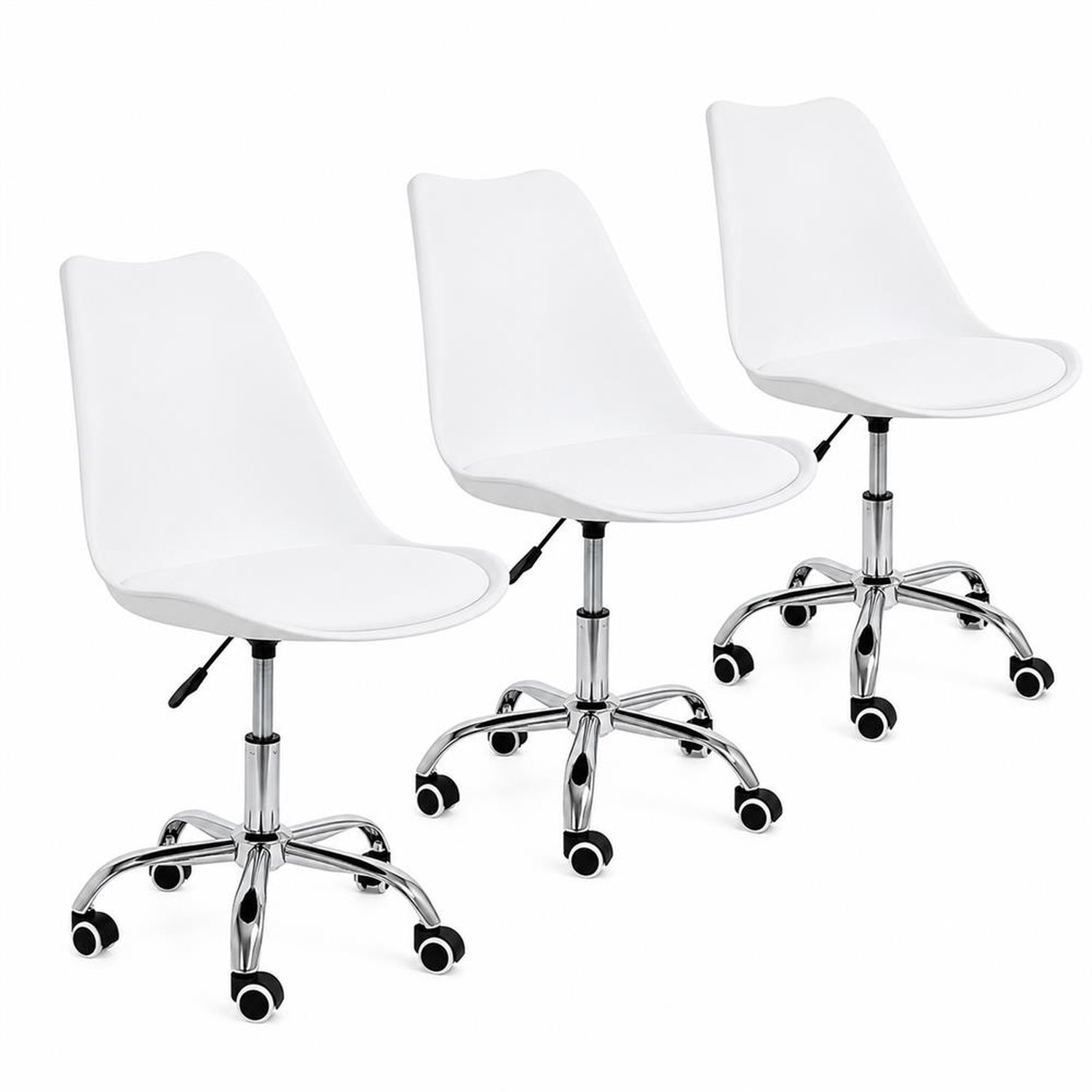 Kit 3 Cadeira Home Office Leda Giratória, Base Cromada Com Rodízios, Regulagem De Altura,Branco