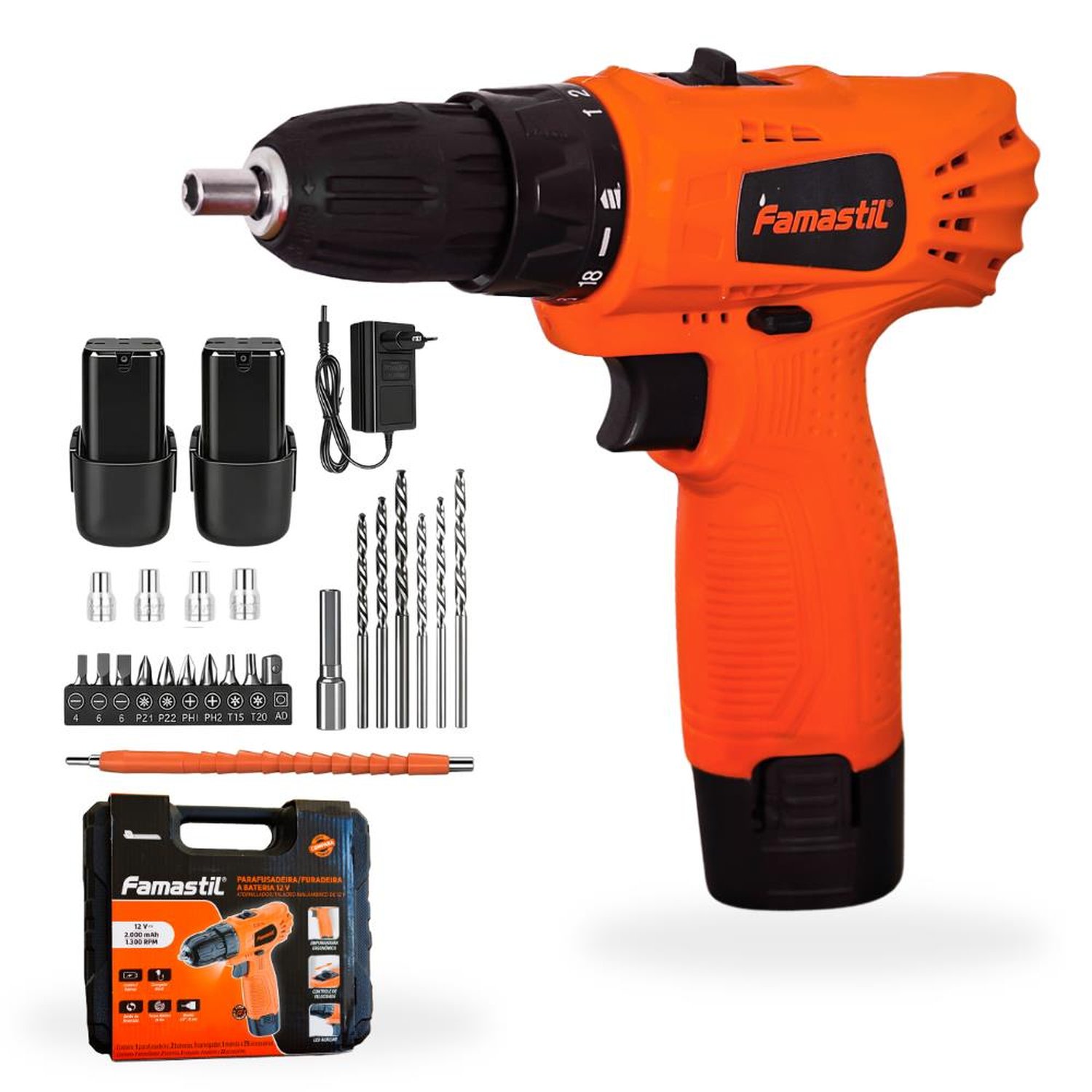 Parafusadeira Furadeira 12V 2 Baterias + Kit 30 Peças Famastil