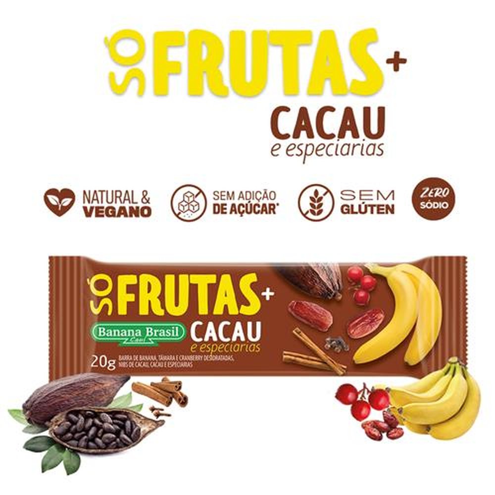 Barra Só Frutas Banana, Tâmara, Cranberry, Nibs de Cacau, Cacau, Cravo e Canela 20g - Pack com 3 unidades - Cx c/ 30 Pack