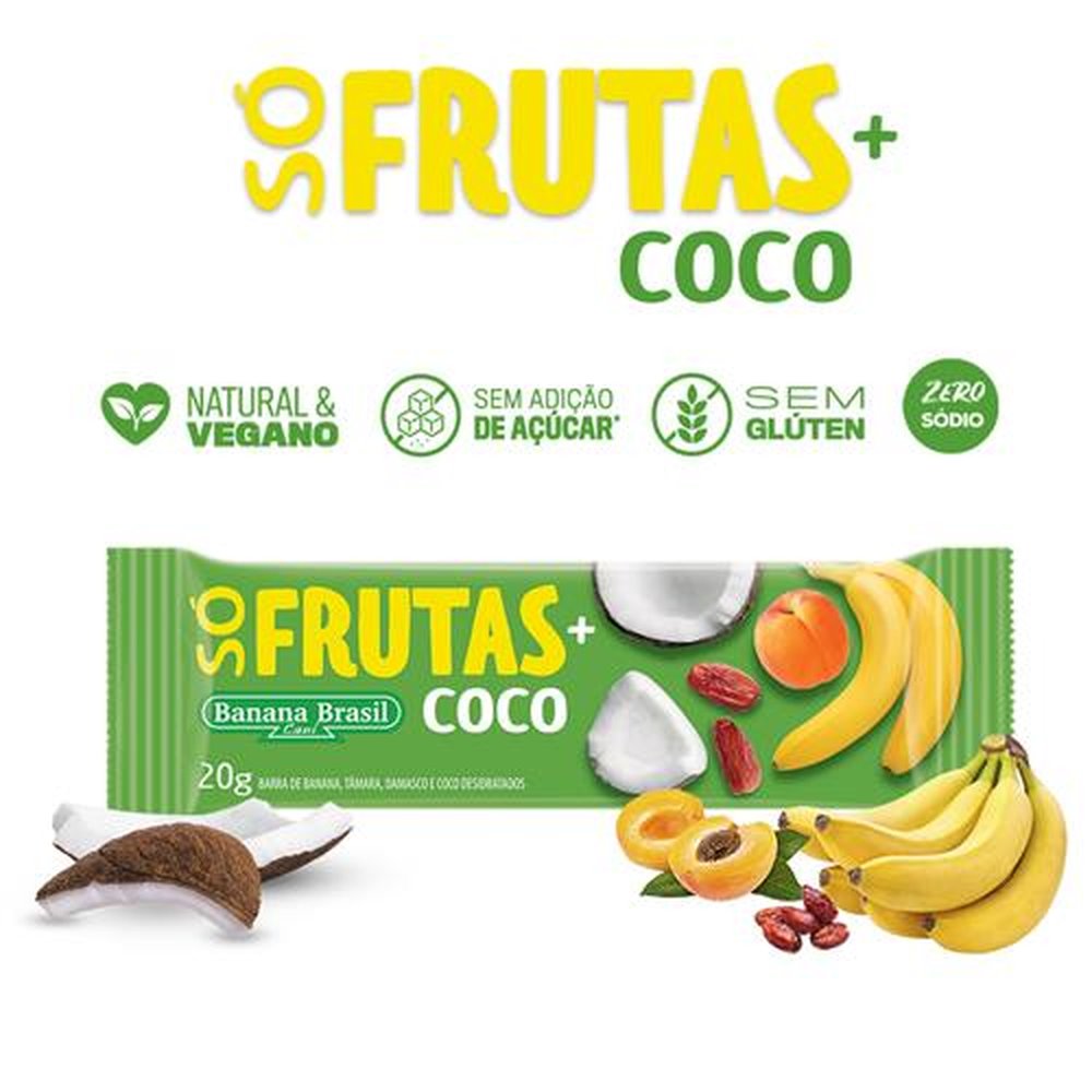Barra Só Frutas Banana, Tâmara, Damasco e Coco 20g - Pack com 3 unidades - Cx c/ 30 Pack
