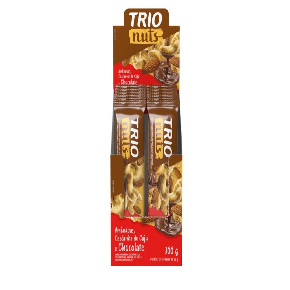 Barra Cereal Trio Nuts Tradicional Chocolate, Amêndoas e Castanha de Caju, 25g - Embalagem com 12 Unidades