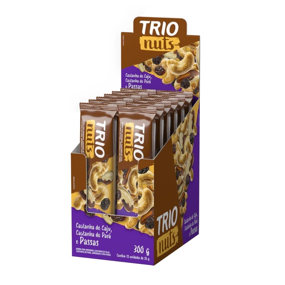 Barra Cereal Trio Nuts Tradicional Castanha de Caju, Castanho do Pará e Passas 25g - Embalagem com 12 Unidades