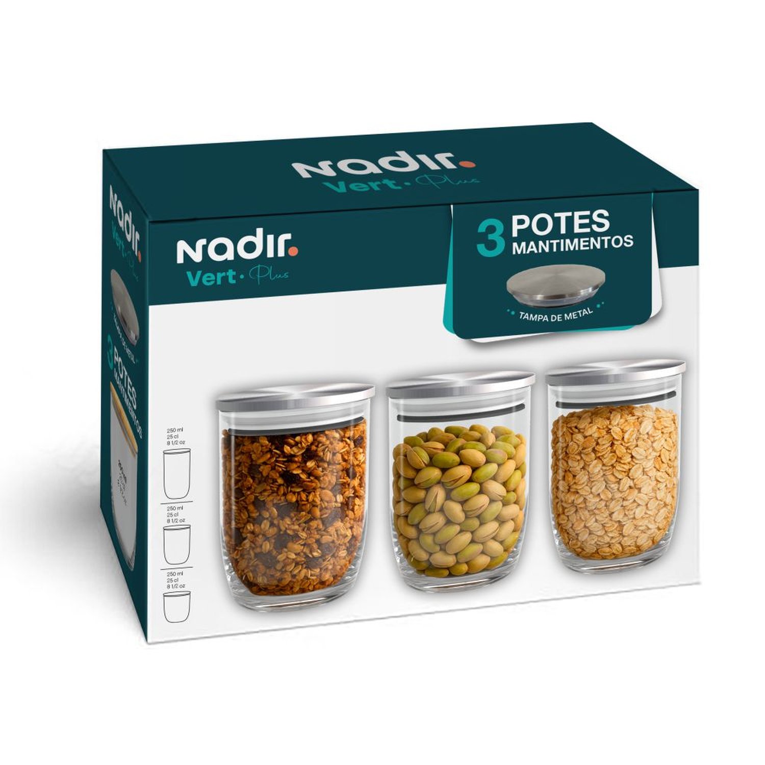 Pote Nadir Vert Plus 750Ml Médio Vidro Tampa Inox C/3 Peças Jogo