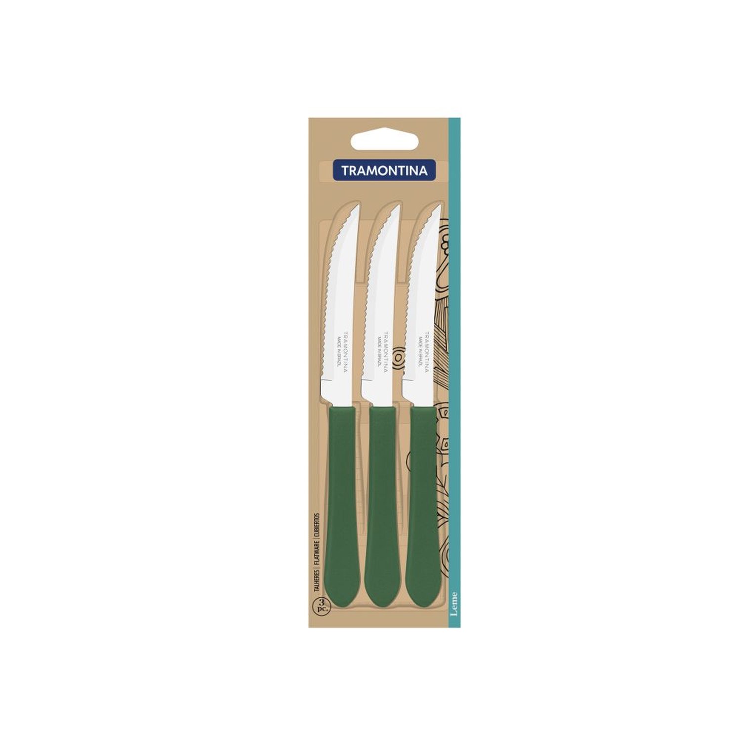 Faca Churrasco Leme Com 3 Peças 4" Verde Tramontina