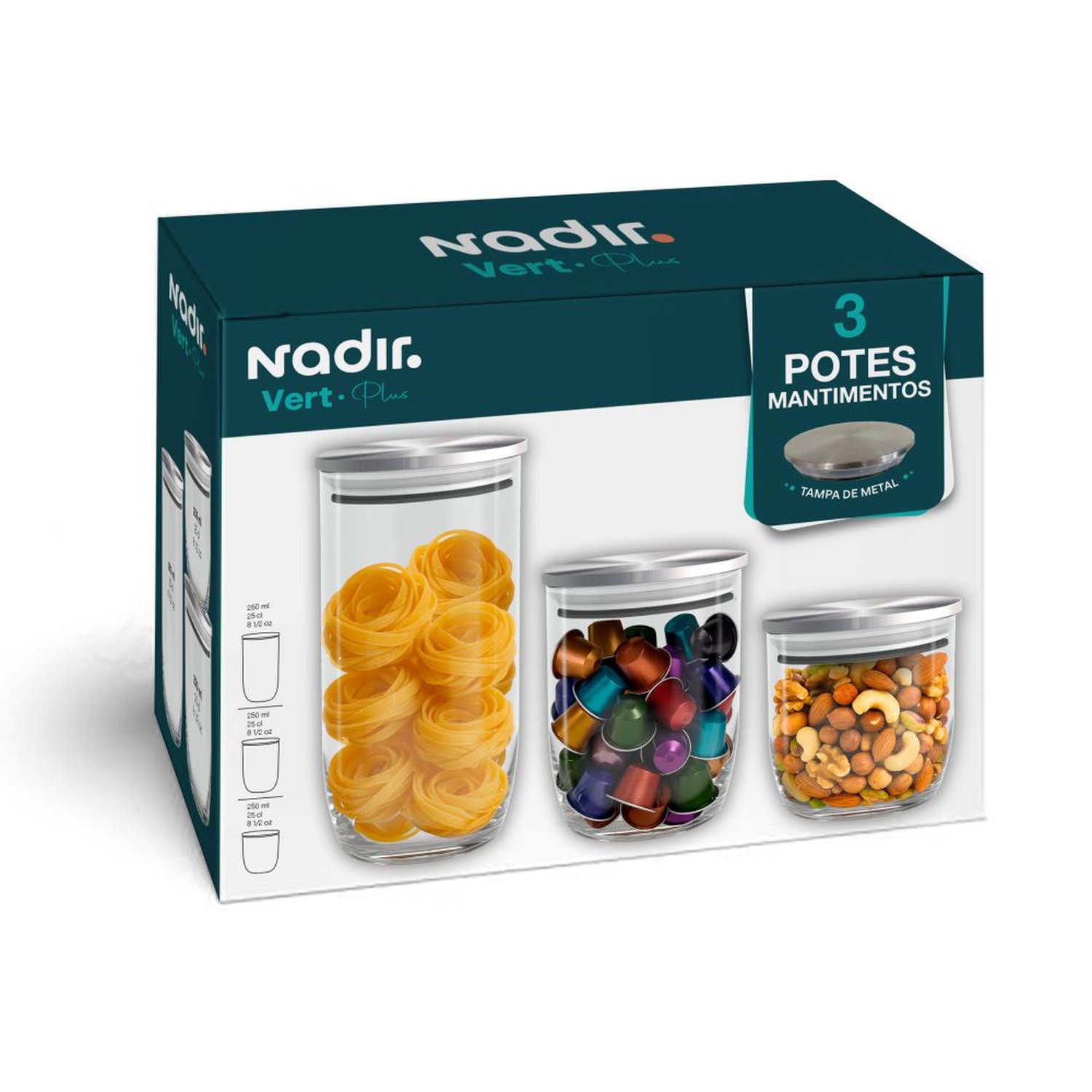 Pote Nadir Vert Plus Vidro Tampa Inox 540Ml/750Ml/1,2L Com 3 Peças Jogo