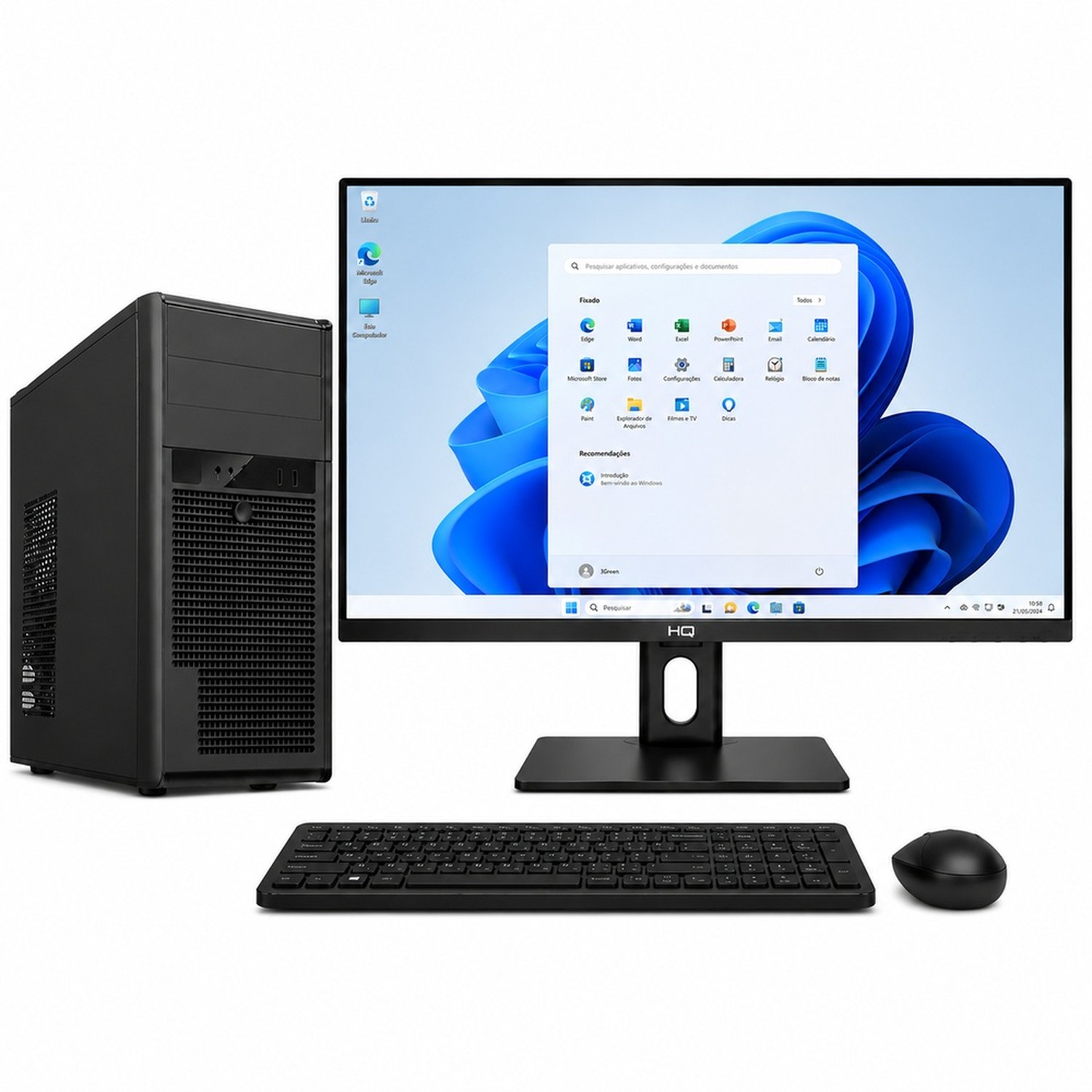 Computador Completo 3Green Intel I3 14100F, 16Gb Ddr4, Ssd 256Gb, Wifi, Geforce Gt 2Gb, Monitor 21,5 Full Hd, Windows 11 Pro Preto 3G051