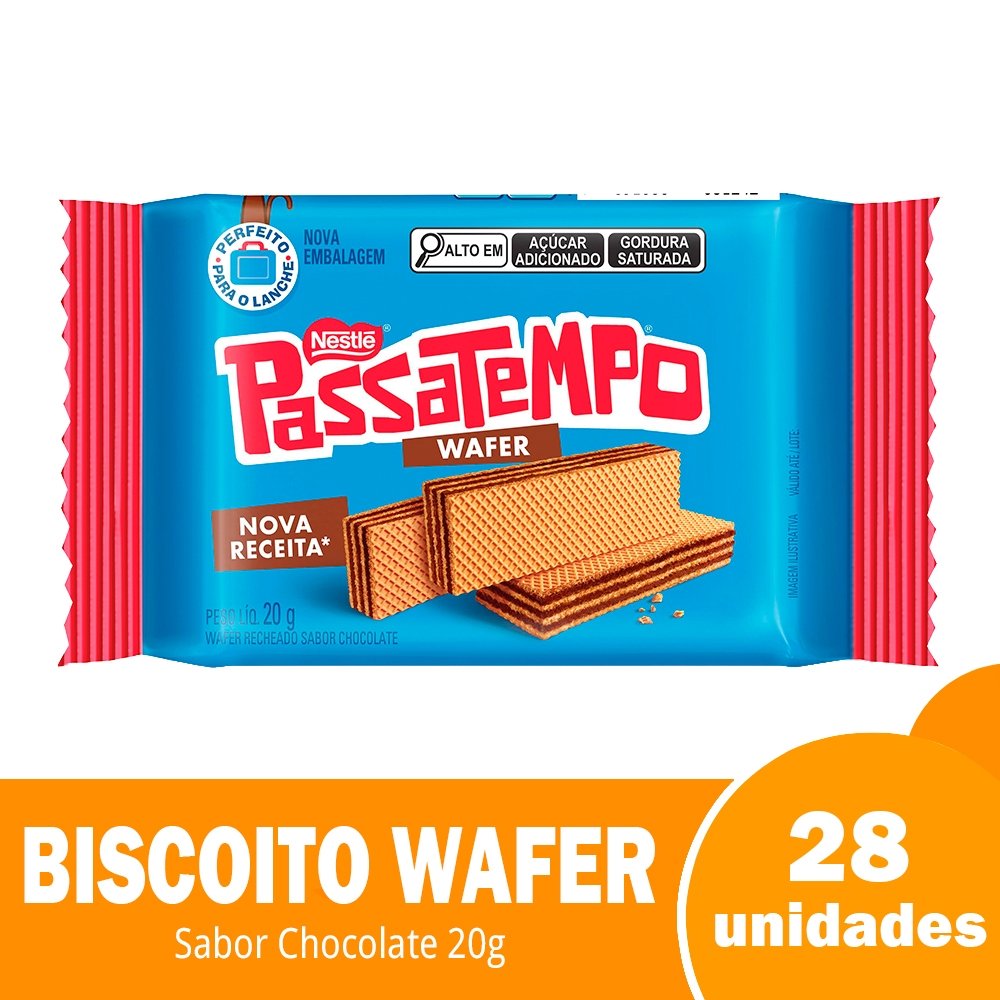 Biscoito Wafer Passatempo Chocolate Pacote 20g - Embalagem com 28 Unidades