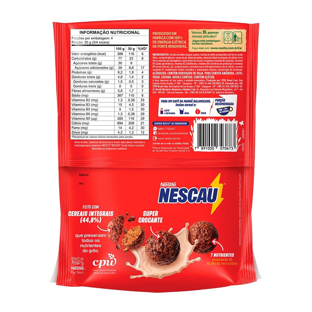 Cereal Nestlé Nescau Matinal Sachê 120g - Embalagem com 20 Unidades