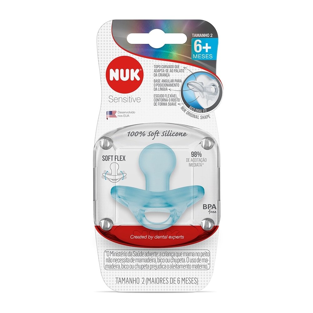 Chupeta Nuk Sensitive Soft 100 Silicone Tamanho 2 Azul