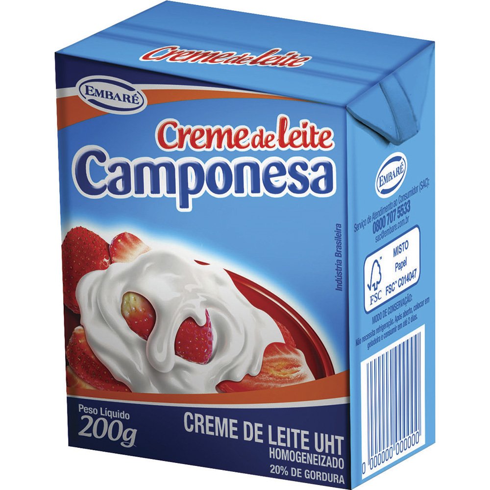 Creme de Leite Camponesa Tradicional UHT 200g - Embalagem com 27 Unidades