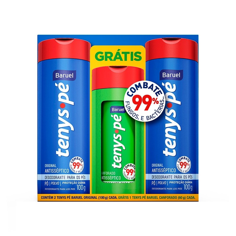Desodorante para os Pés Tenys Pé Baruel em Pó Original 100g Embalagem com 2 Unidades + Grátis 1 Tenys Pé Canforado 60g