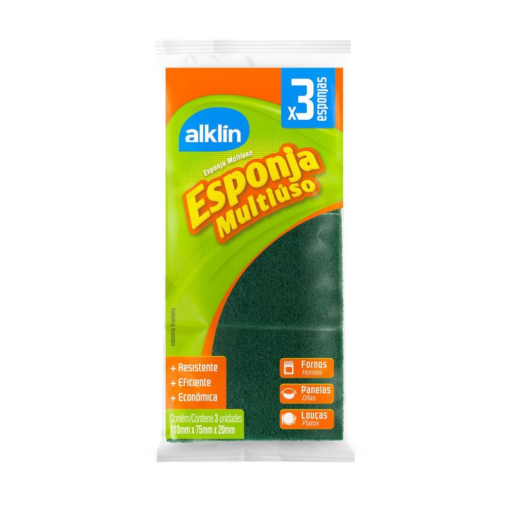 Esponja Multiúso - abrasivo Dupla face com 3 unidades - Marca Alklin