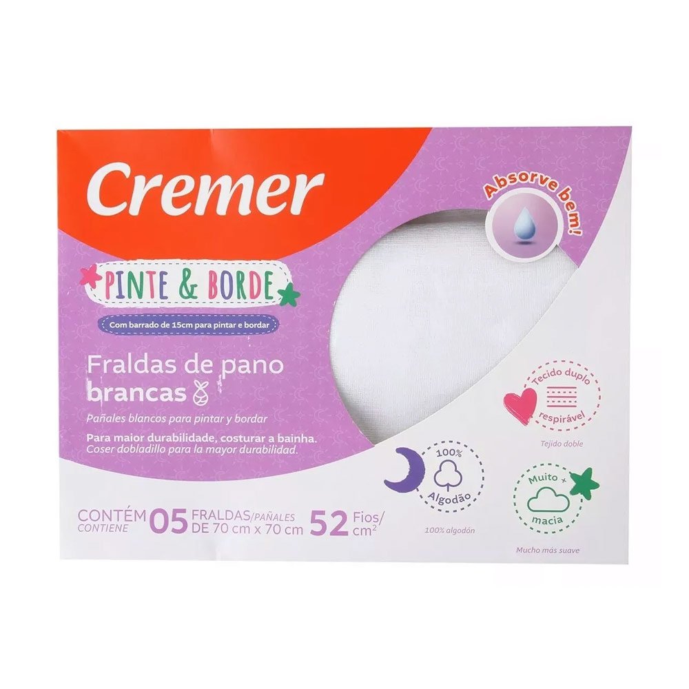 Fralda Cremer Pinte e Borde 70x70cm Branca 5 Unidades