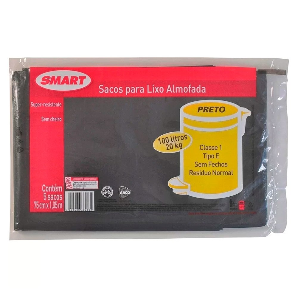 Saco para Lixo Dobrado Preto Smart - Emb. com 5un de 100L