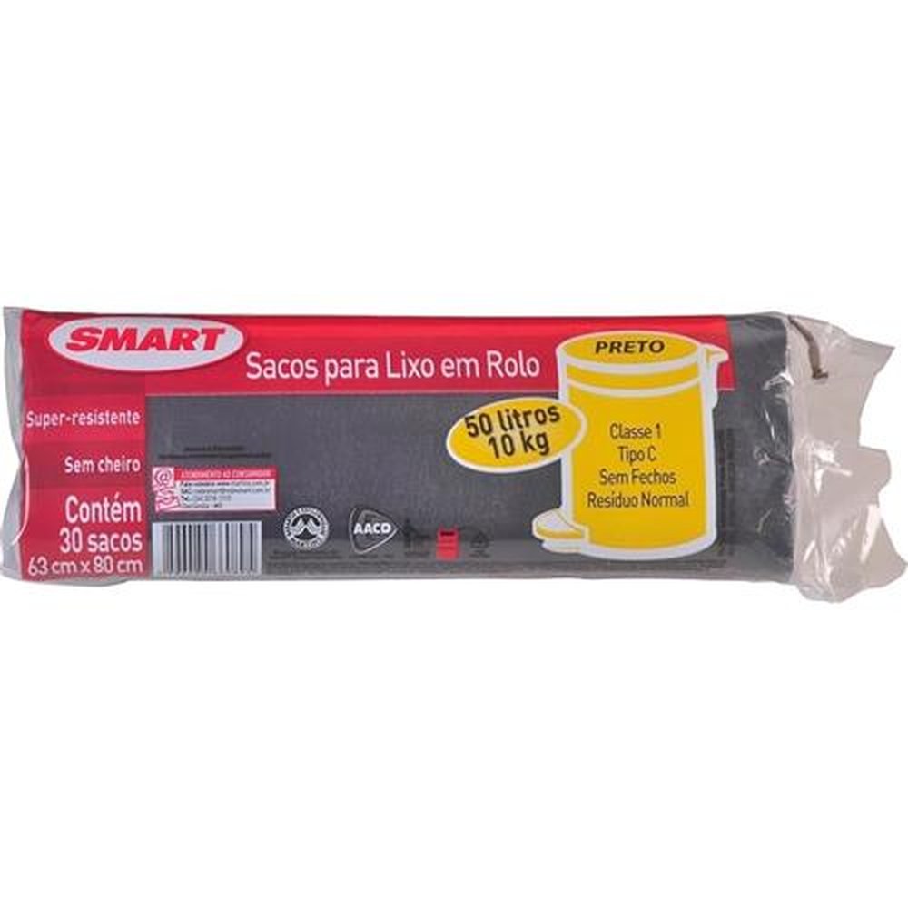 Saco para Lixo Dobrado Preto Smart - Emb. com 10un de 50L