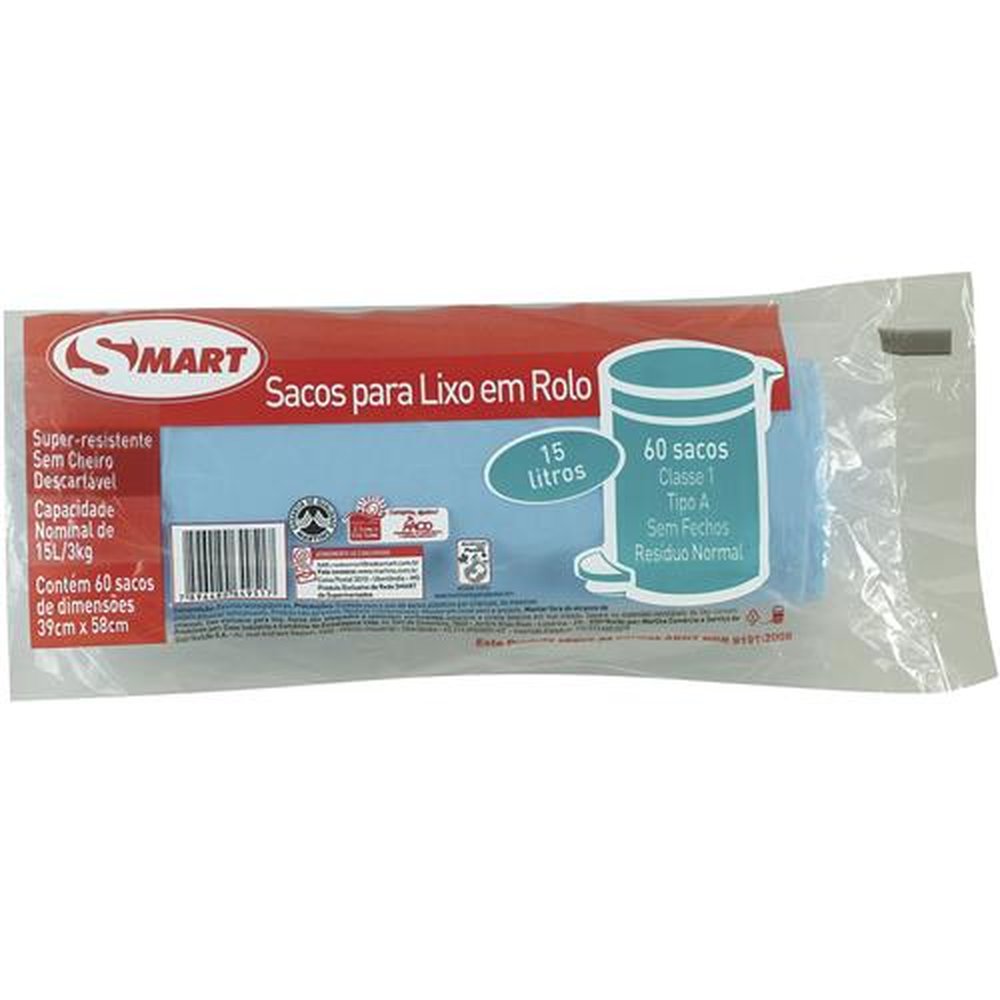 Saco para Lixo Smart Rolo 15 Litros Azul Embalagem com 60 Unidades