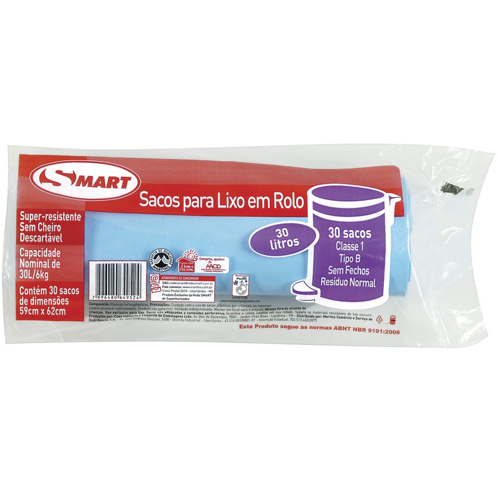Saco para Lixo Smart Rolo 30 Litros Azul Embalagem com 30 Unidades