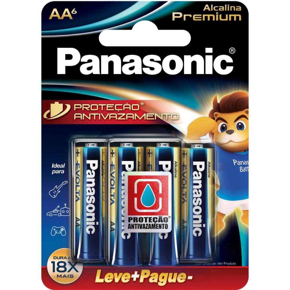 Pilha Alcalina 1,5V AA LR6 Premium Panasonic - Cartela com 6 pilhas