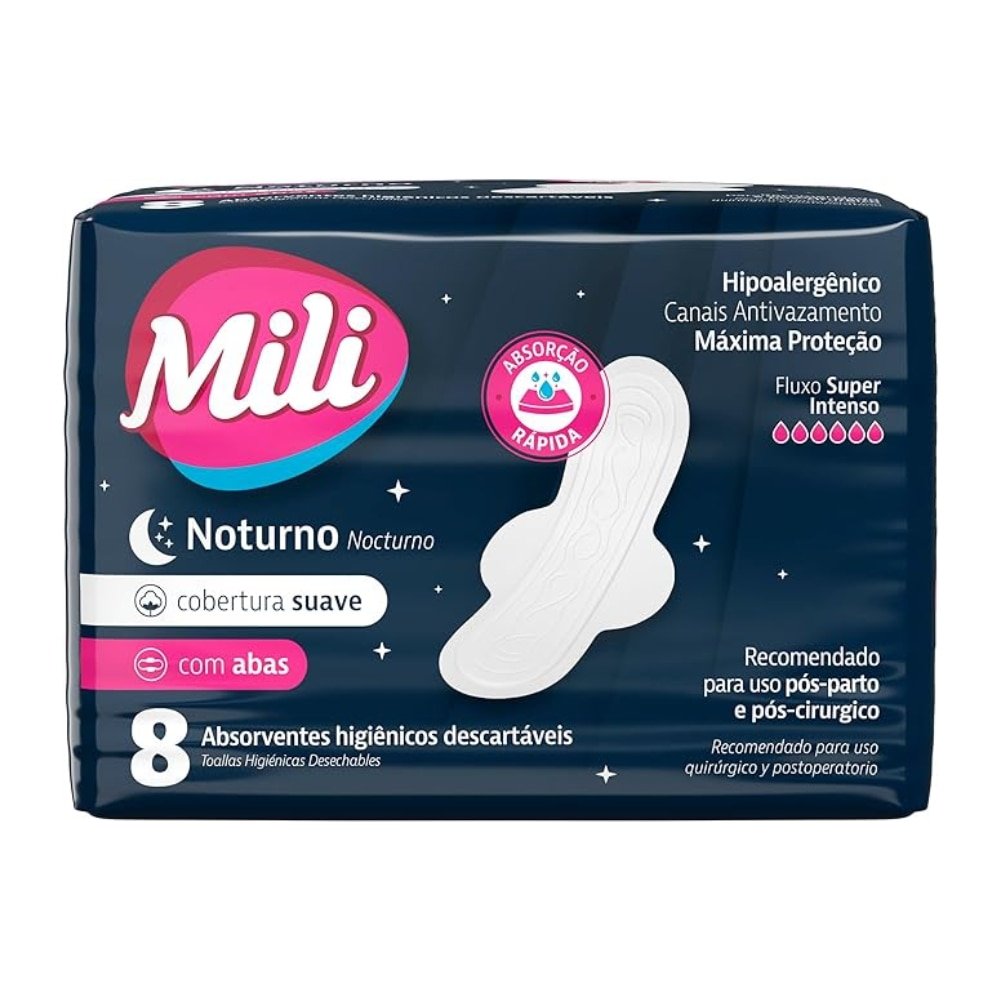 Absorvente Mili Noturno Suave com Abas - Embalagem com 8 Unidades